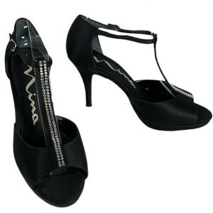 Women's NINA Size 7.5M Black Satin Rhinestone Open Toe T-Strap Stilettos Heels
